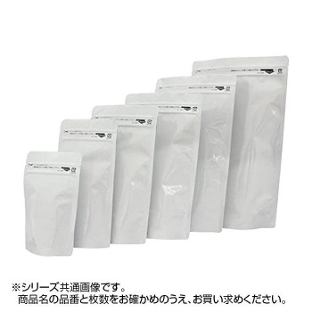 PET/AL/PEラミネート袋の白色印刷、スタンドタイプです。白色の袋は、健康食品、乾燥農産加工品、乾燥海産加工品などラベルを貼ってご利用いただけます。4角完全R加工と切り口はRノッチ加工、留め口は何