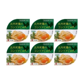 比内地鶏(ササミ)と、国産野菜(コーン・にんじん)を、無添加のコンソメスープでゼリー寄せにしました。食品添加物は使用しておりませんので、安心してお召し上がりいただけます。いつでも、どこでも、お手軽にお