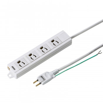 3P抜け止めの4個口タップです。通電状態が確認できる通電ランプ付きです。裏面にマグネットが付いているので、スチール製デスクなどに仮固定することができます。アース接続できるアース端子付きです。2Pアース