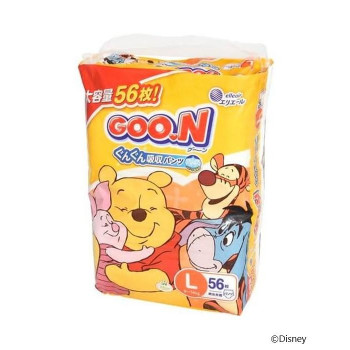 グーンのまっさらさら通気パンツ、Lサイズです。 生産国:中国 商品サイズ:L 仕様:男女兼用防水仕様体重目安:9~14kg セット内容:56枚入 キーワード【ベビー キッズ マタニティ おむつ トイレ