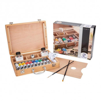 油絵具を描くのに必要な道具が一式セットされた油彩木箱セットです。化粧箱に入っているのでギフトにも最適です。オランダの名門ロイヤルターレンス社製高級油絵具「ヴァンゴッホ」ブランドは初心者からプロまで安心